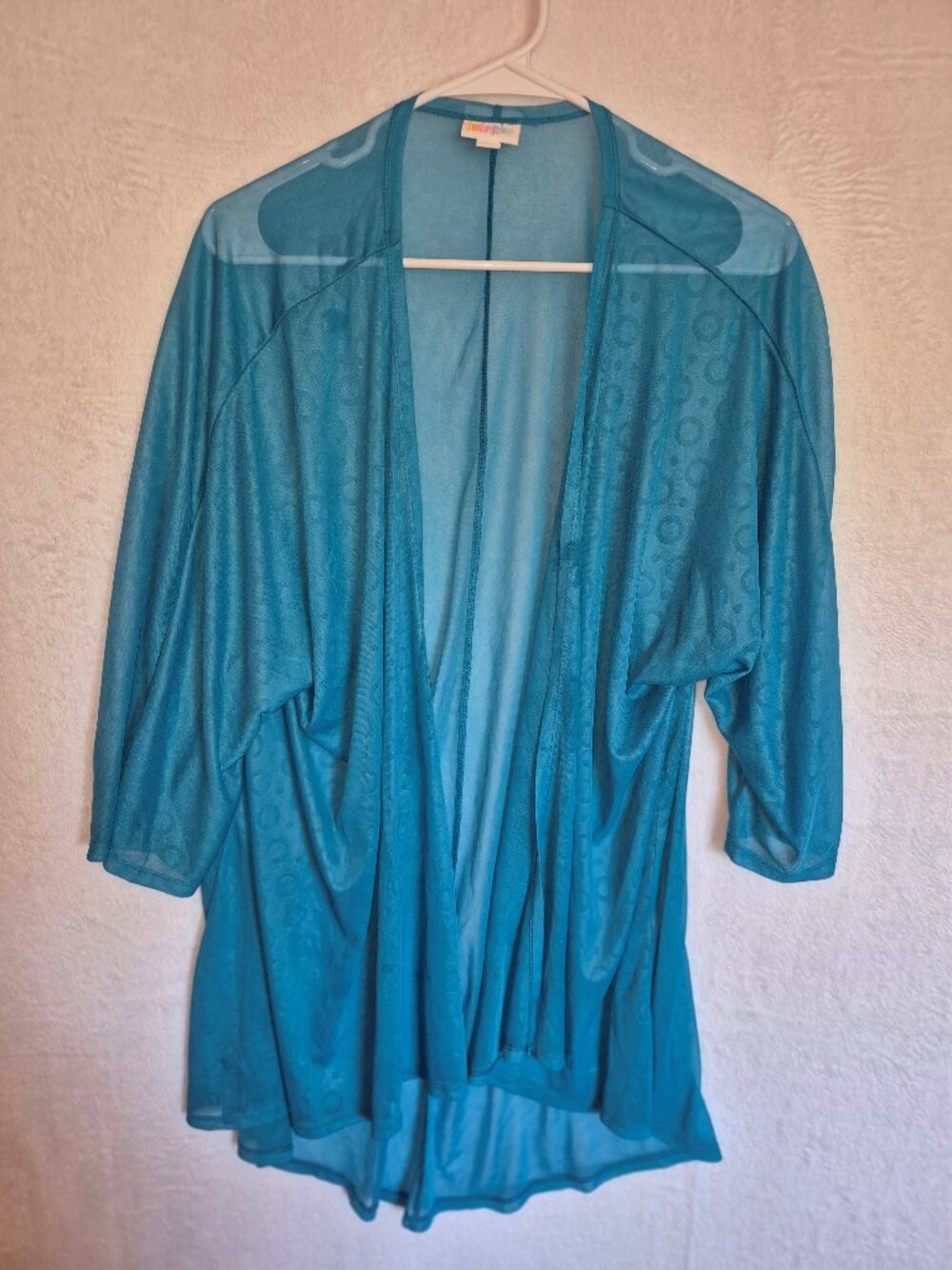LuLaRoe Shirley Kimono Size L Teal Blue Sheer Circle Burnout Duster Cardigan